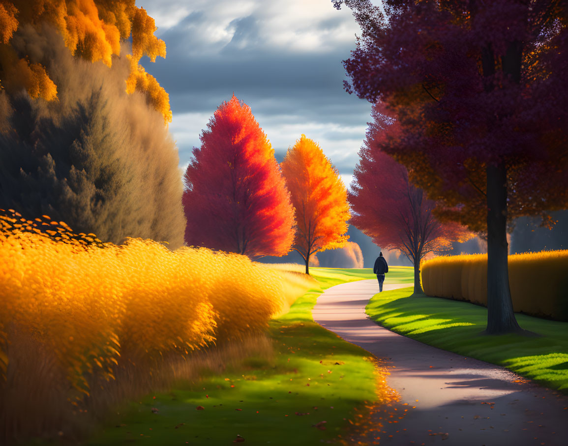 Person walking on winding path through vibrant autumn foliage