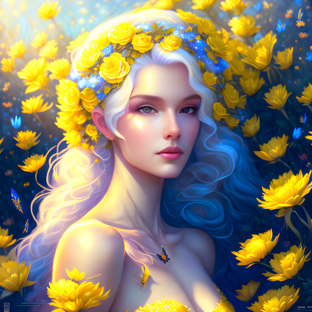 Pale-skinned woman with blue eyes in yellow flower wreath among blossoms