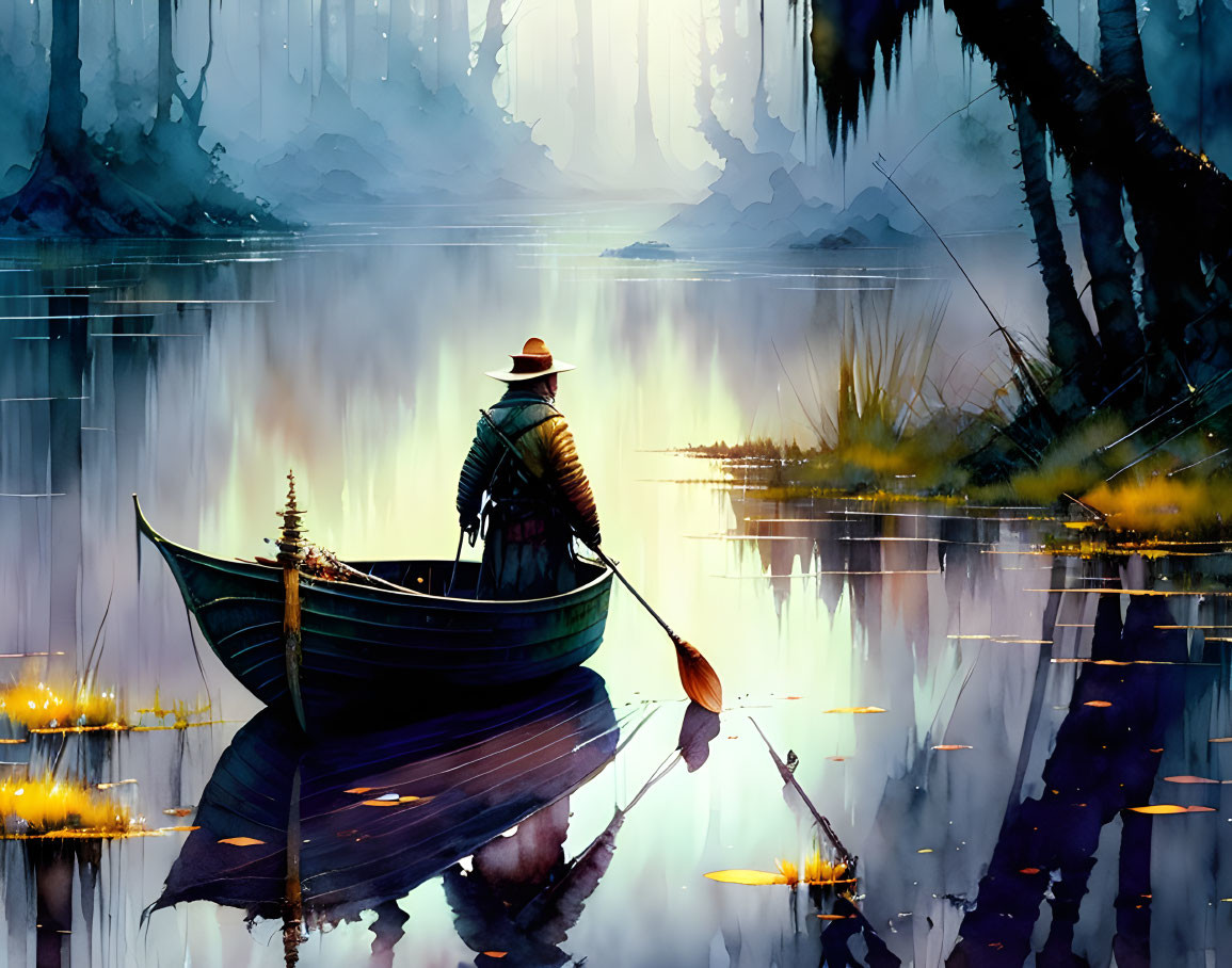 Person in hat rows boat in misty forest waterway with glowing lights.