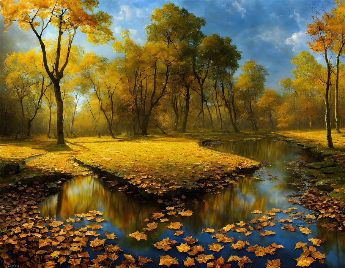 Golden trees and fallen leaves in serene autumn river reflection