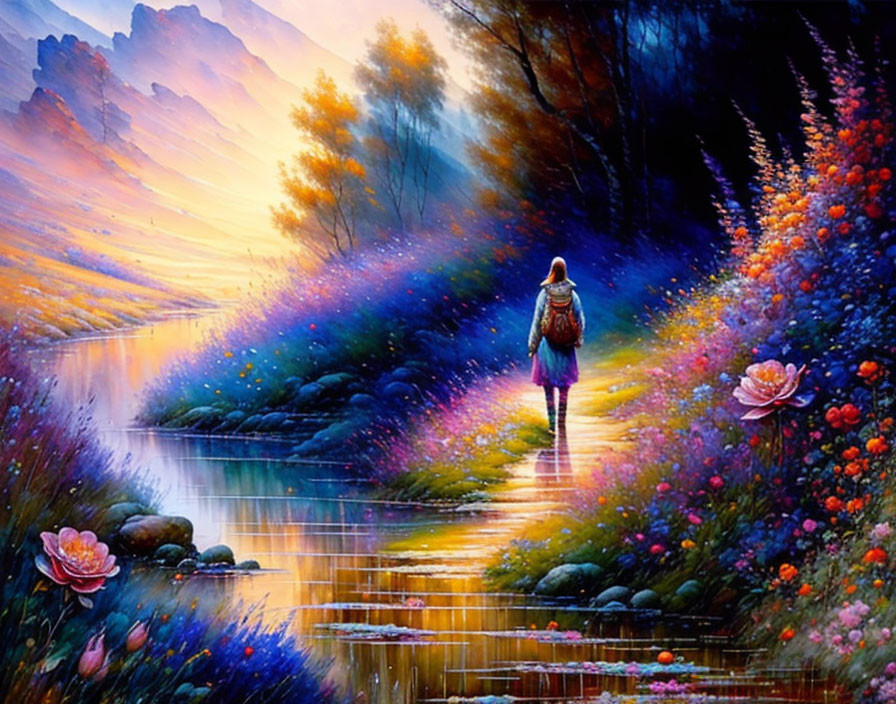 Tranquil landscape with person walking by river at sunset