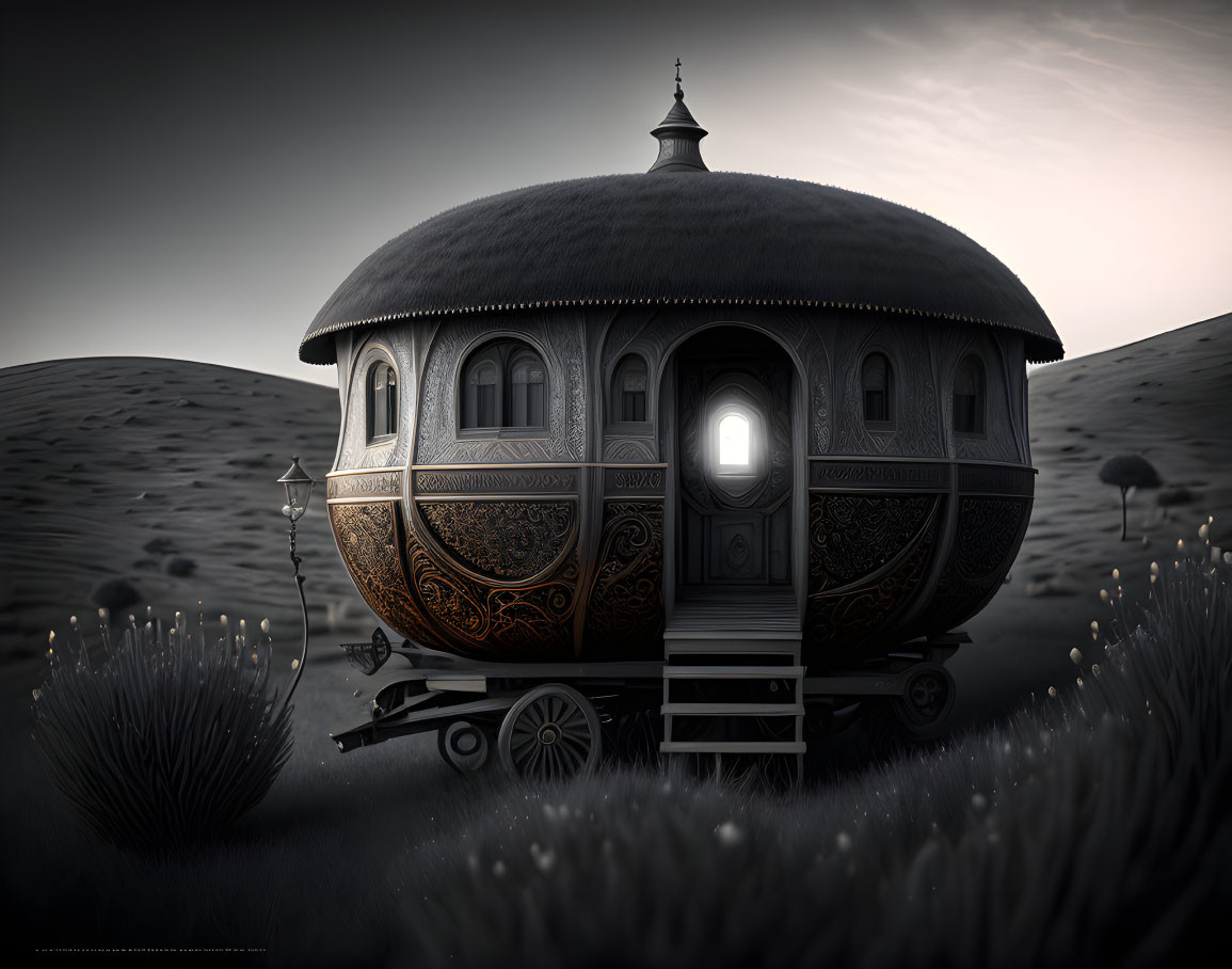 Ornate spherical caravan on wheels in field under dusky sky