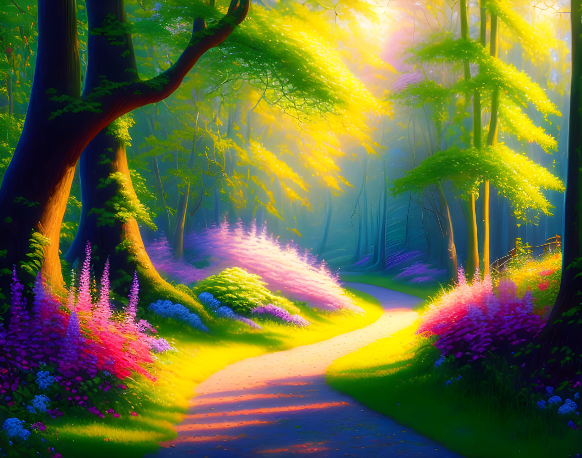 Scenic forest path with sunrays and wildflowers