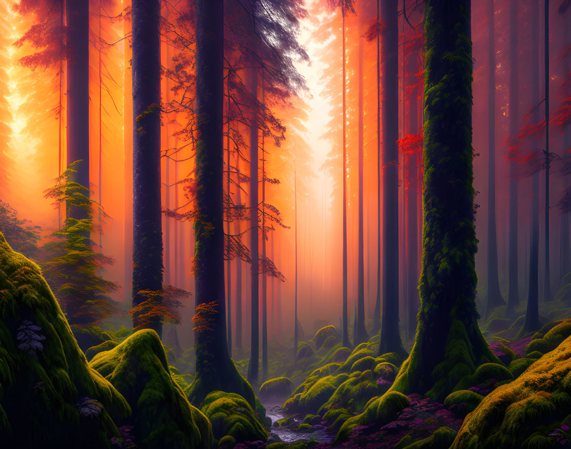 Tranquil forest scene with tall trees and warm glow.