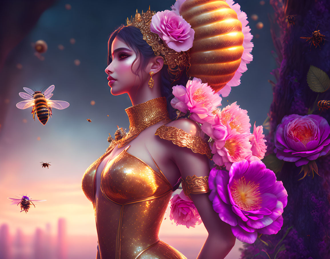 Fantastical digital art portrait of a woman in golden attire with floral hair and hovering bees in a