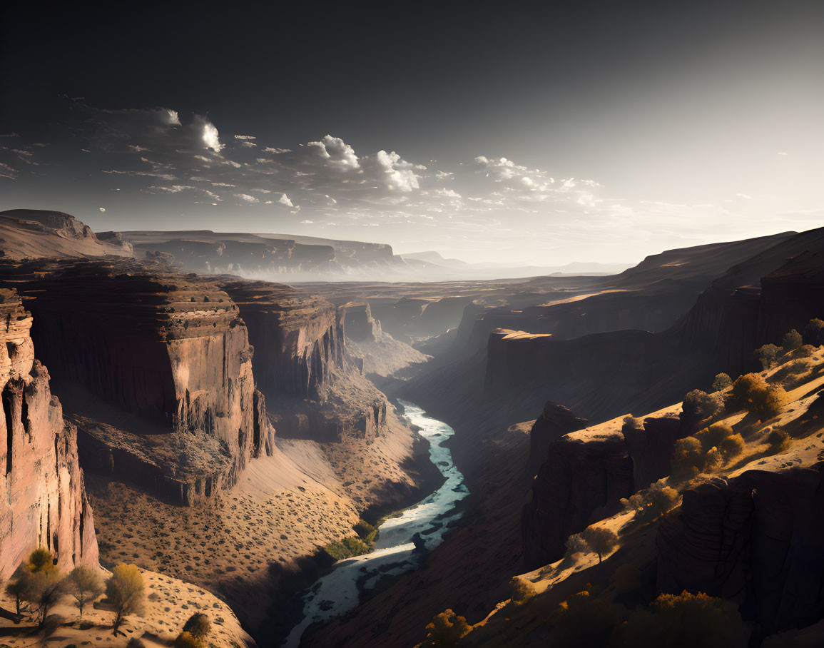 Majestic desert canyon with steep cliffs and serene river under vast sky