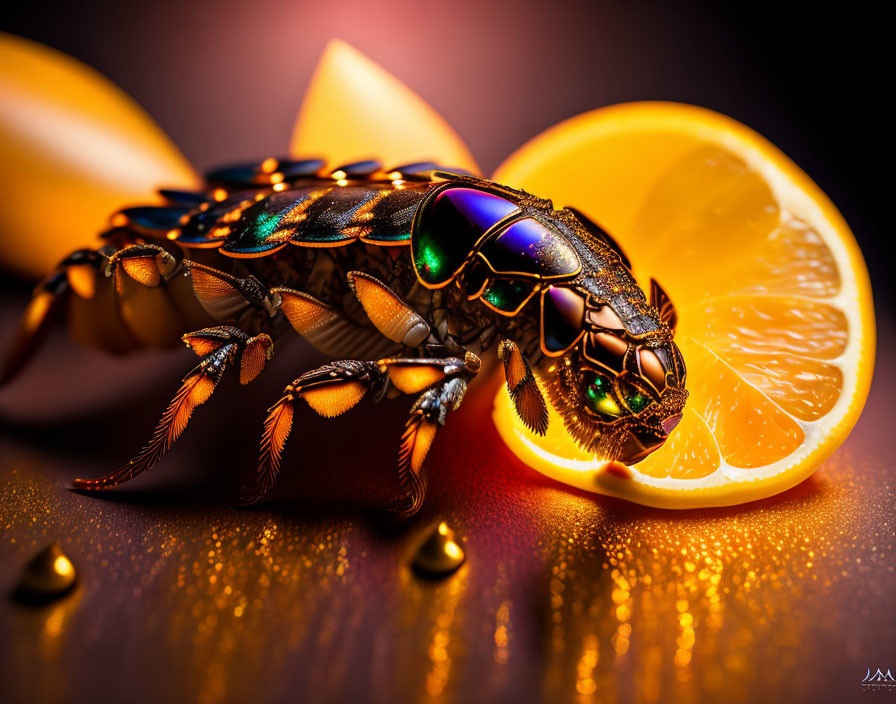 Colorful metallic beetle with lemon slices and droplets background