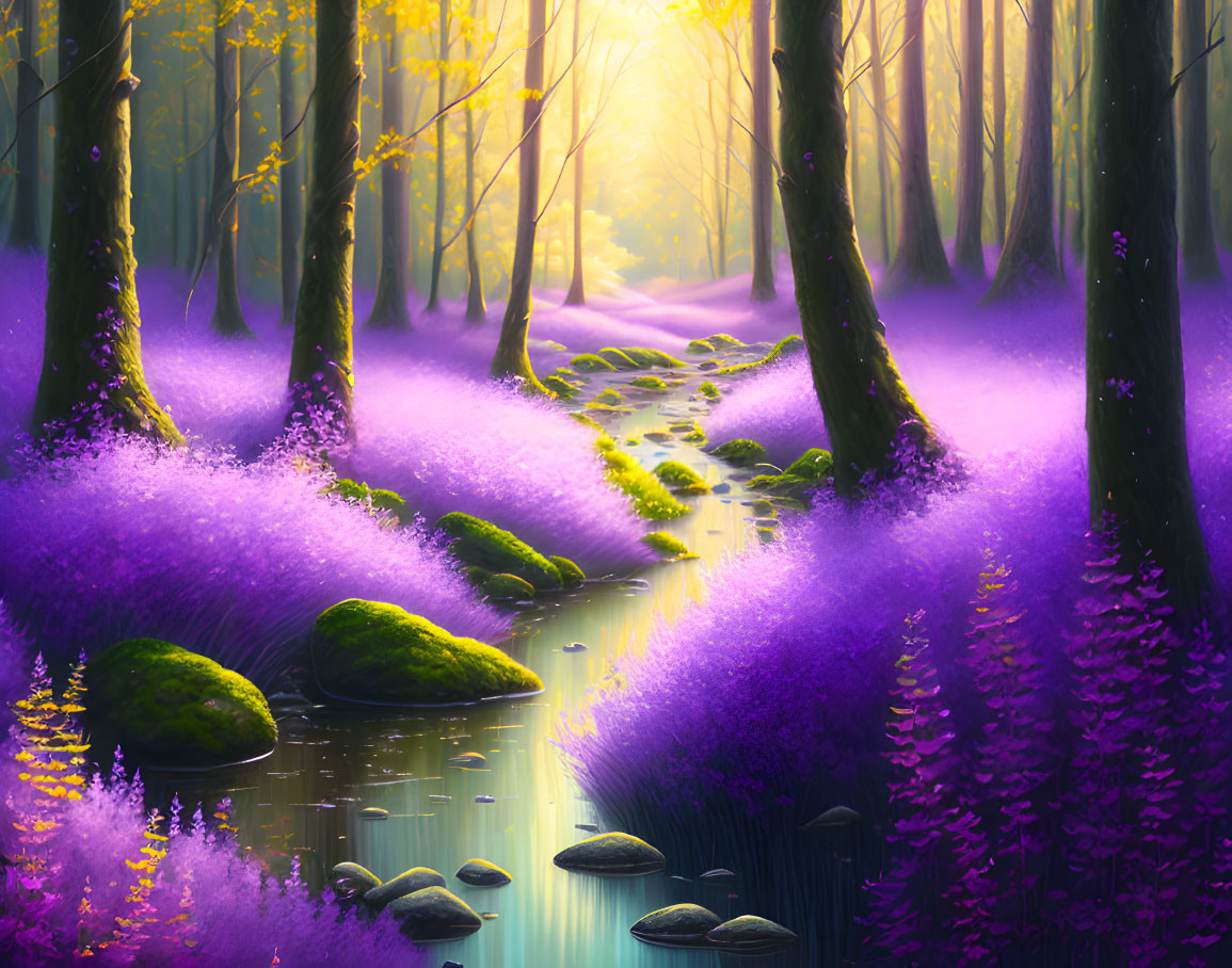 Mystical forest with purple flora, sunlight, stream, rocks, and mist.