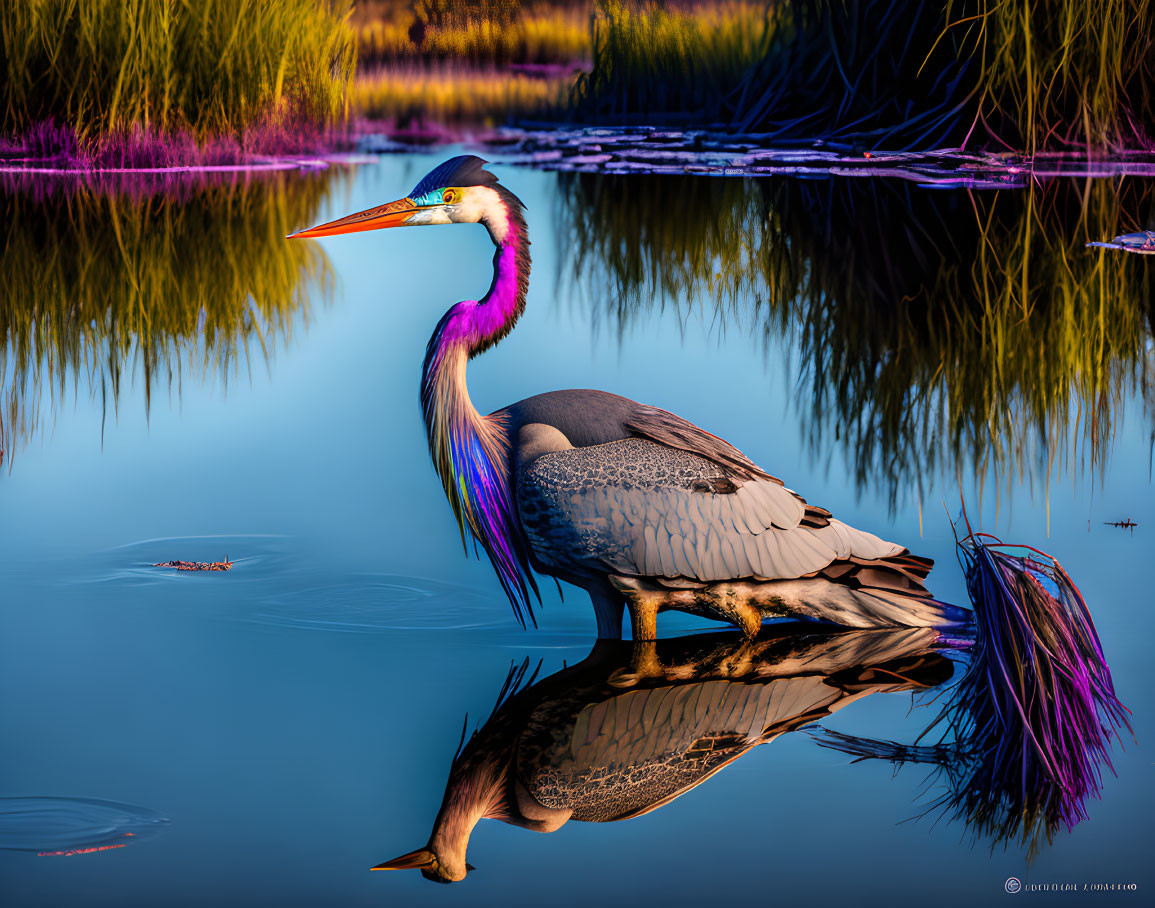 Colorful Heron Standing by Water with Reflection in Purple and Green Reeds