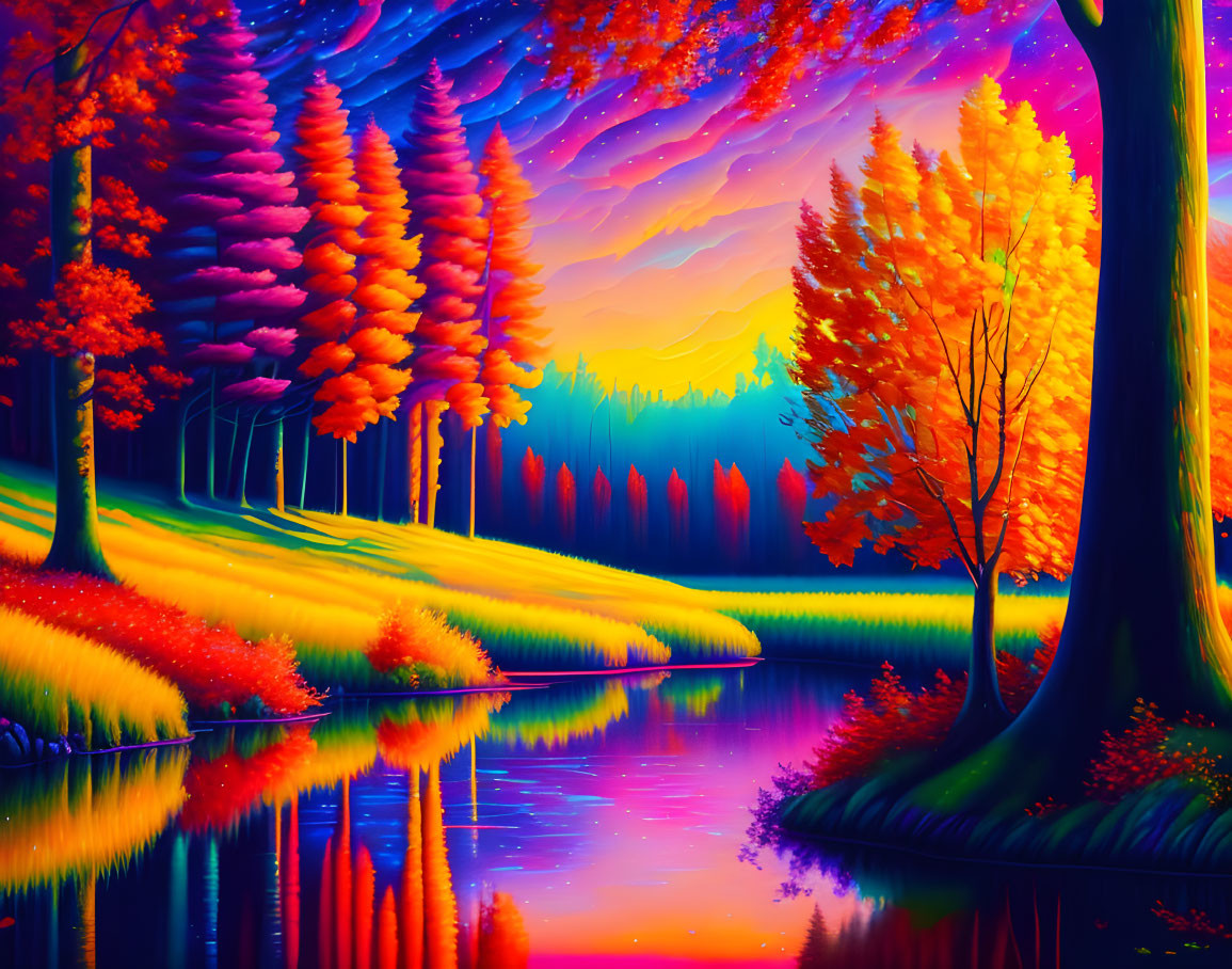 Colorful landscape: Sunset over river with autumn trees & starry sky