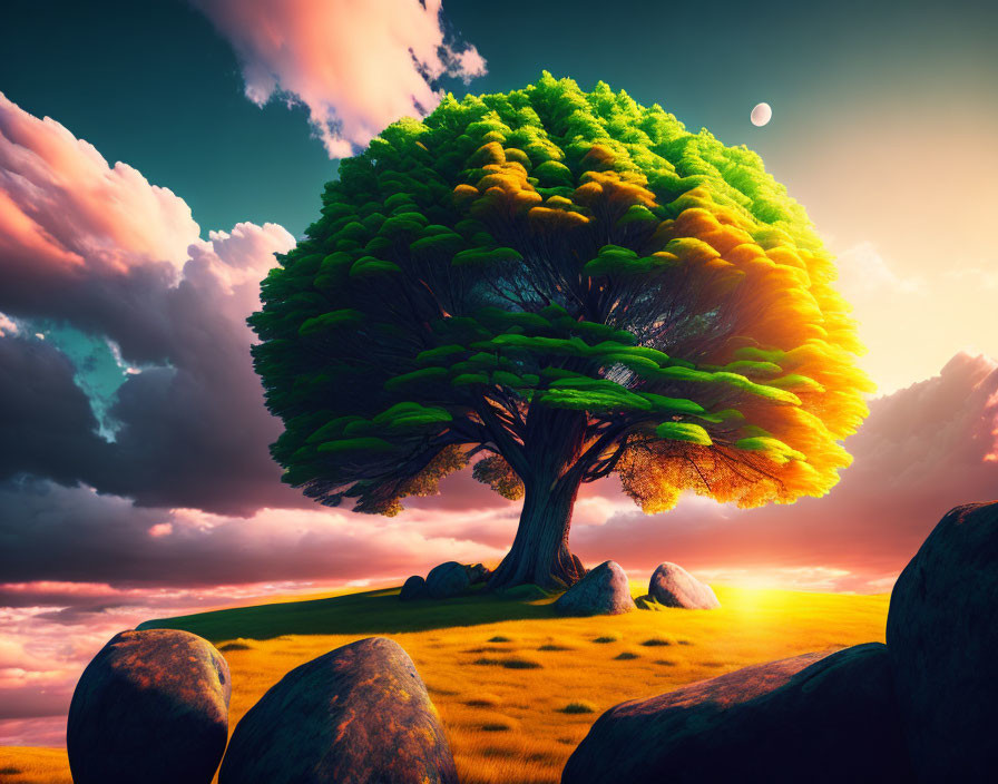 Scenic sunset landscape with vibrant tree, green leaves, rocks, and moon