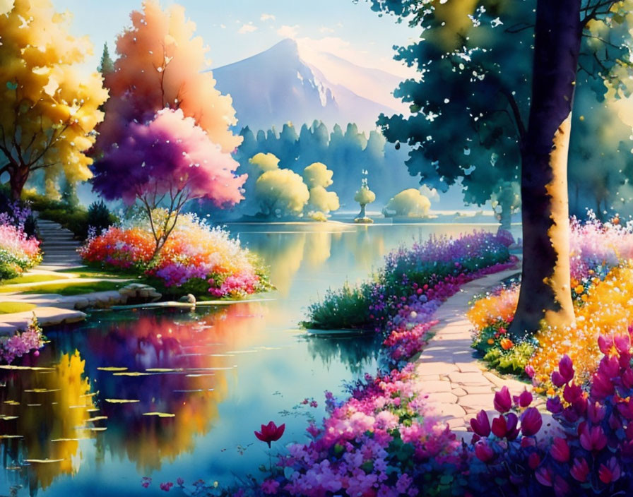 Scenic landscape with river, flowers, pathway, and mountain view