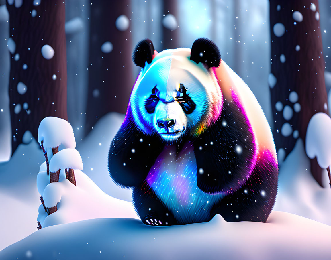 Colorful Cosmic Panda in Snowy Forest with Falling Snowflakes