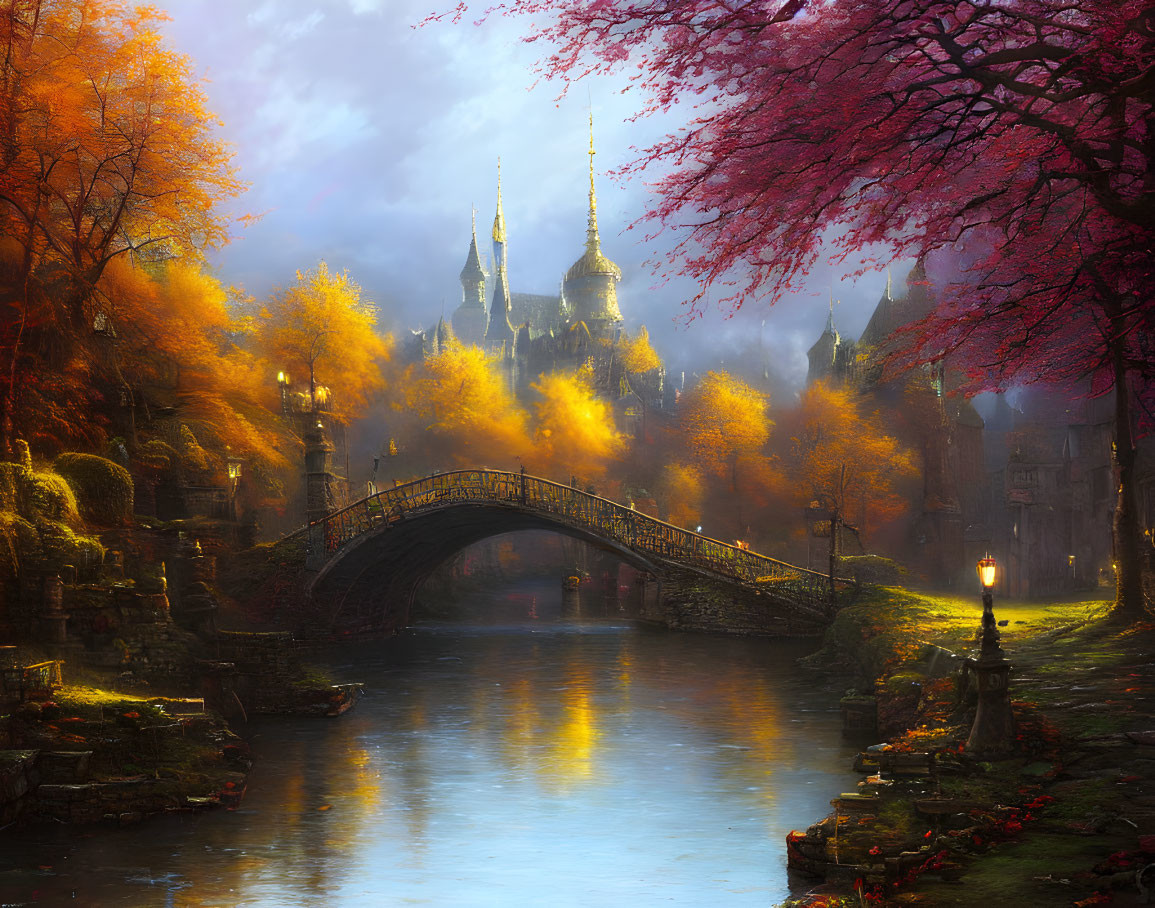 Autumnal forest with river, stone bridge, and castle spires