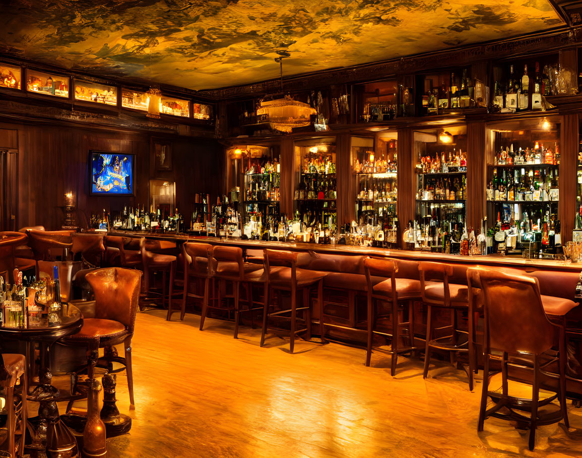 Sophisticated bar with wooden interior, leather stools, assorted bottles, and detailed ceiling.