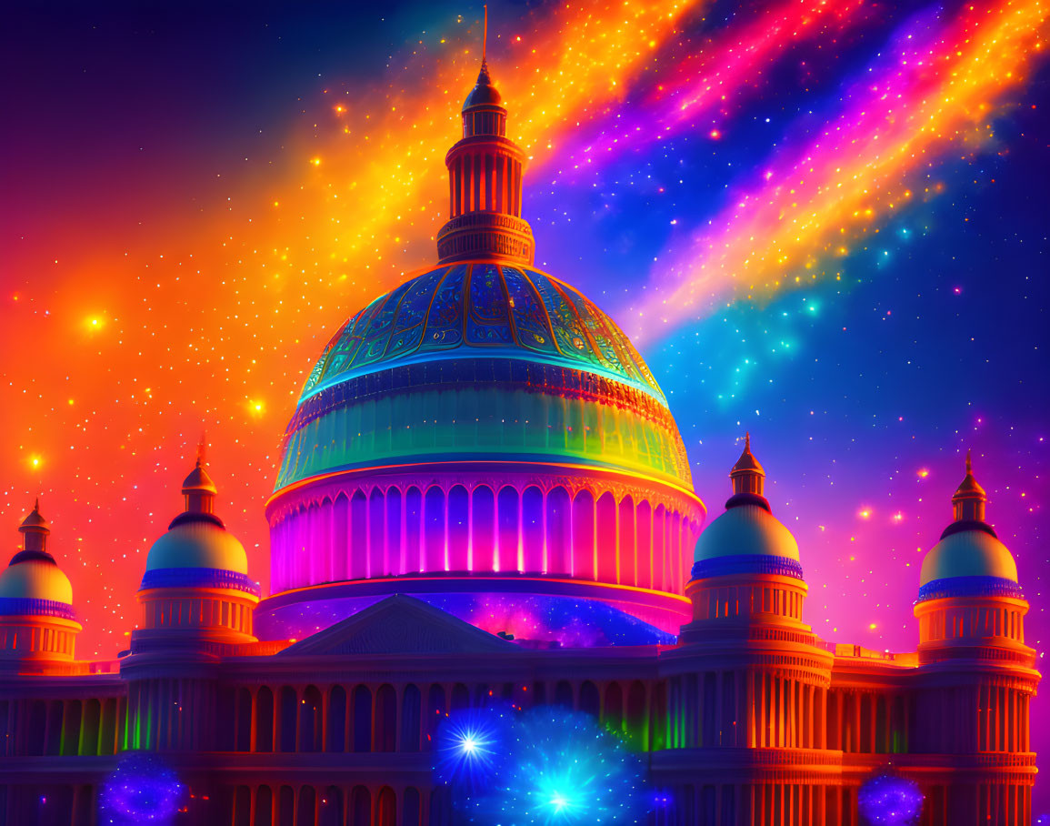 Colorful Capitol Building Night Sky Neon Lights