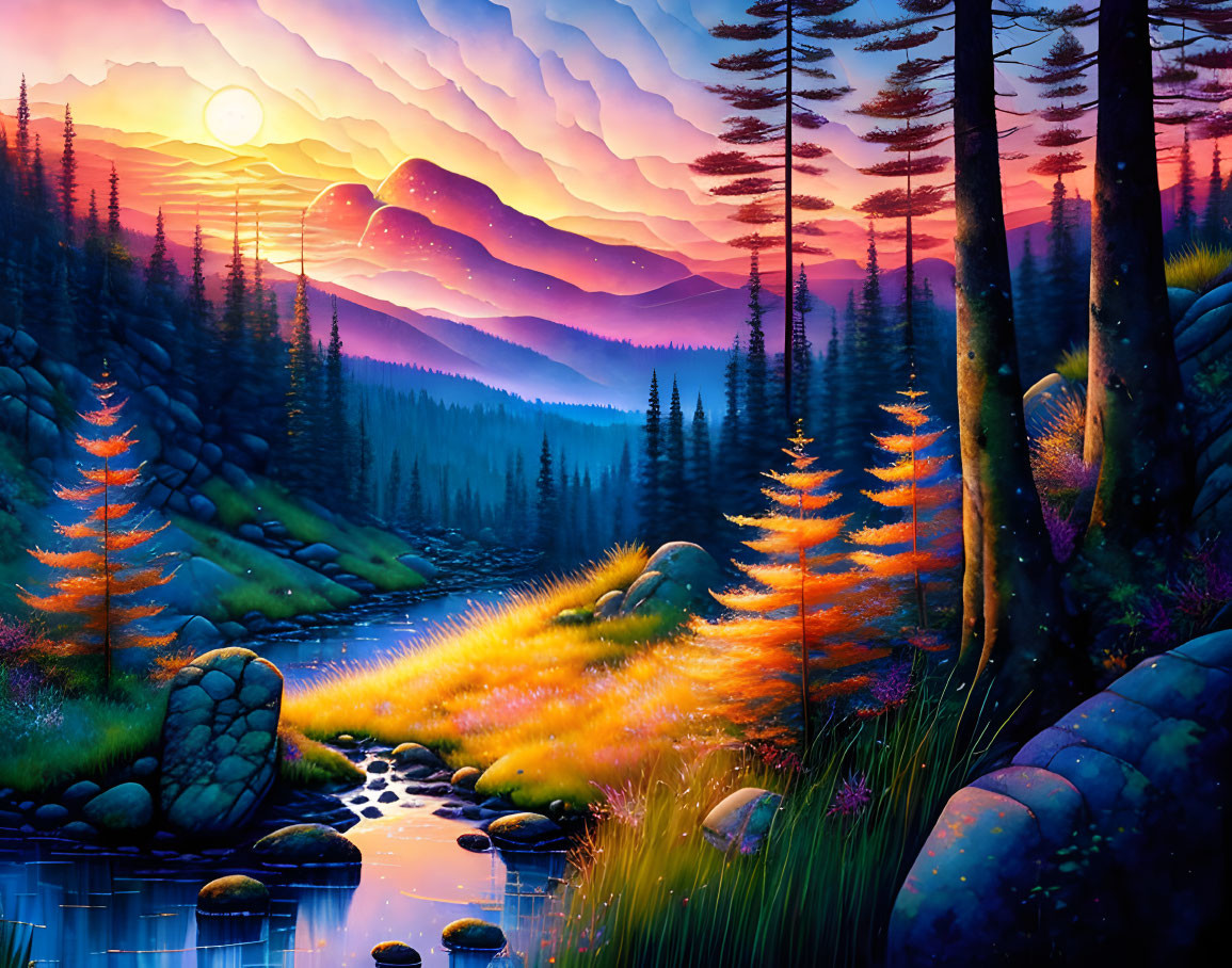 Vibrant sunset landscape with mountains, pine forest, and river.