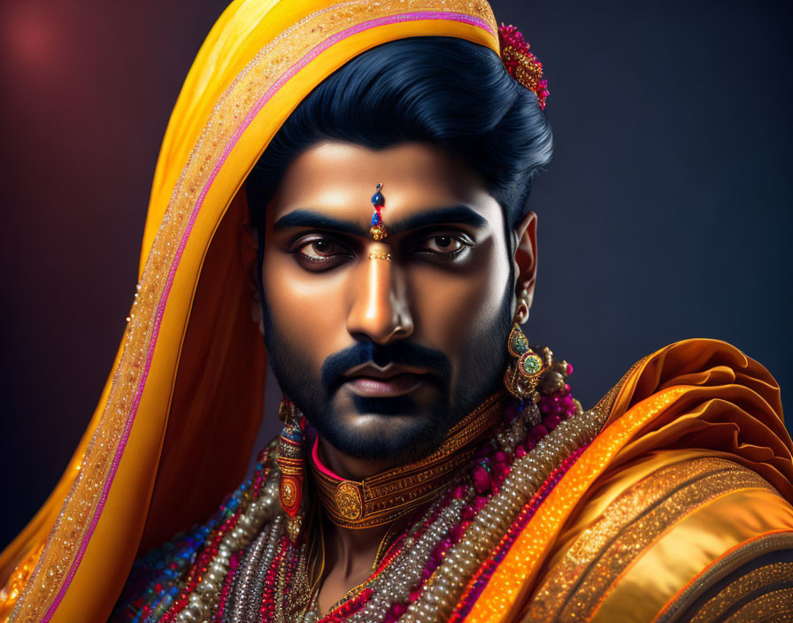 Regal man with beard in traditional attire and turban on dark background