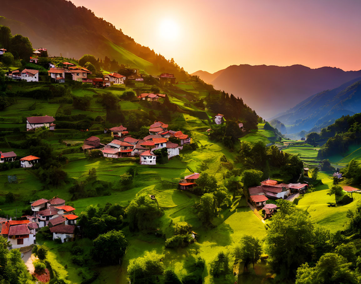 Scenic village on lush terraced hills at sunset