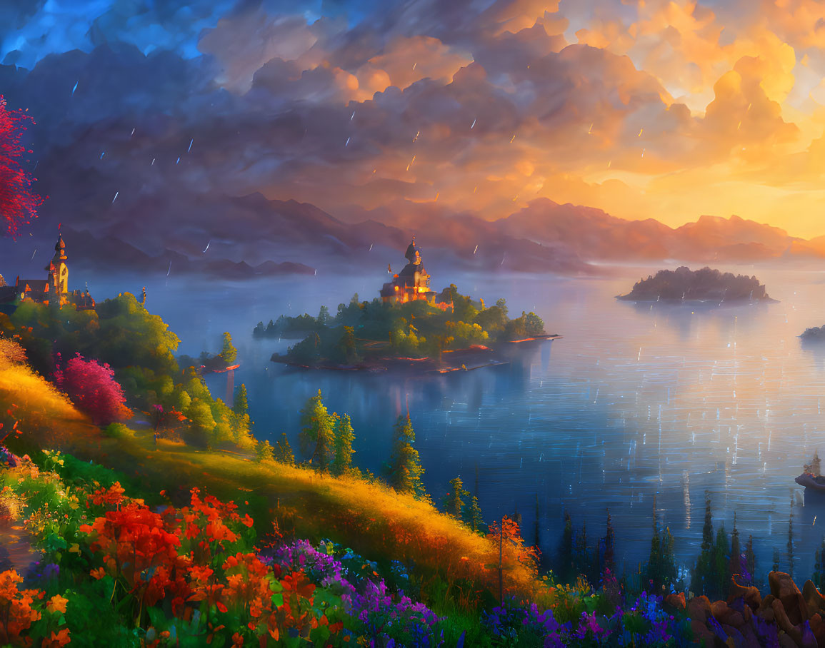 Scenic sunset landscape with castle, lake, islands, and colorful flora