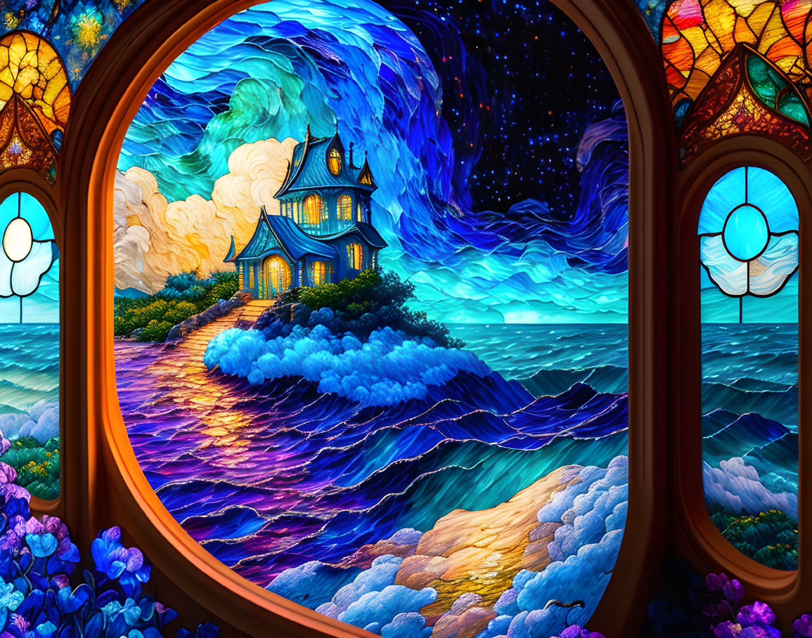 Colorful stained glass window featuring whimsical island house in turbulent seas under starry sky