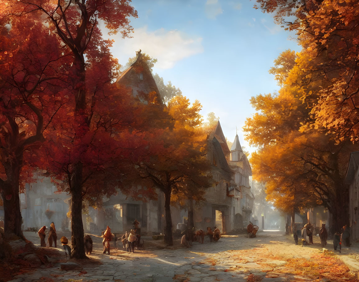 Medieval village in autumn with villagers, cobblestone streets, red and orange trees