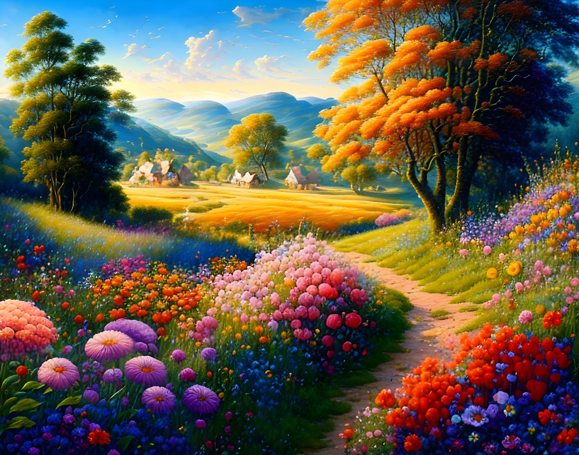 Colorful Flower Field, Path to Cottages, Rolling Hills Landscape