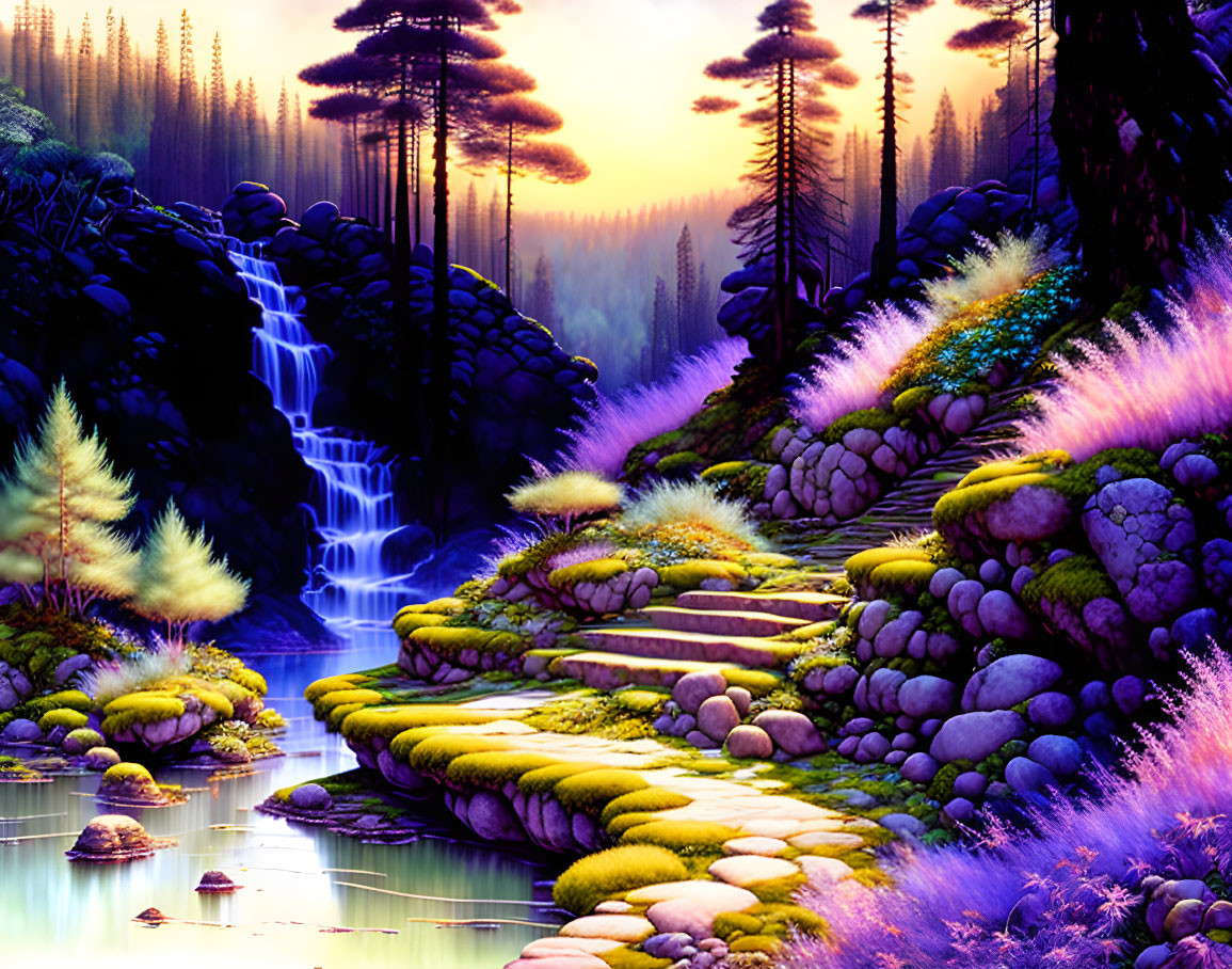 Mystical forest illustration with waterfall and vibrant colors