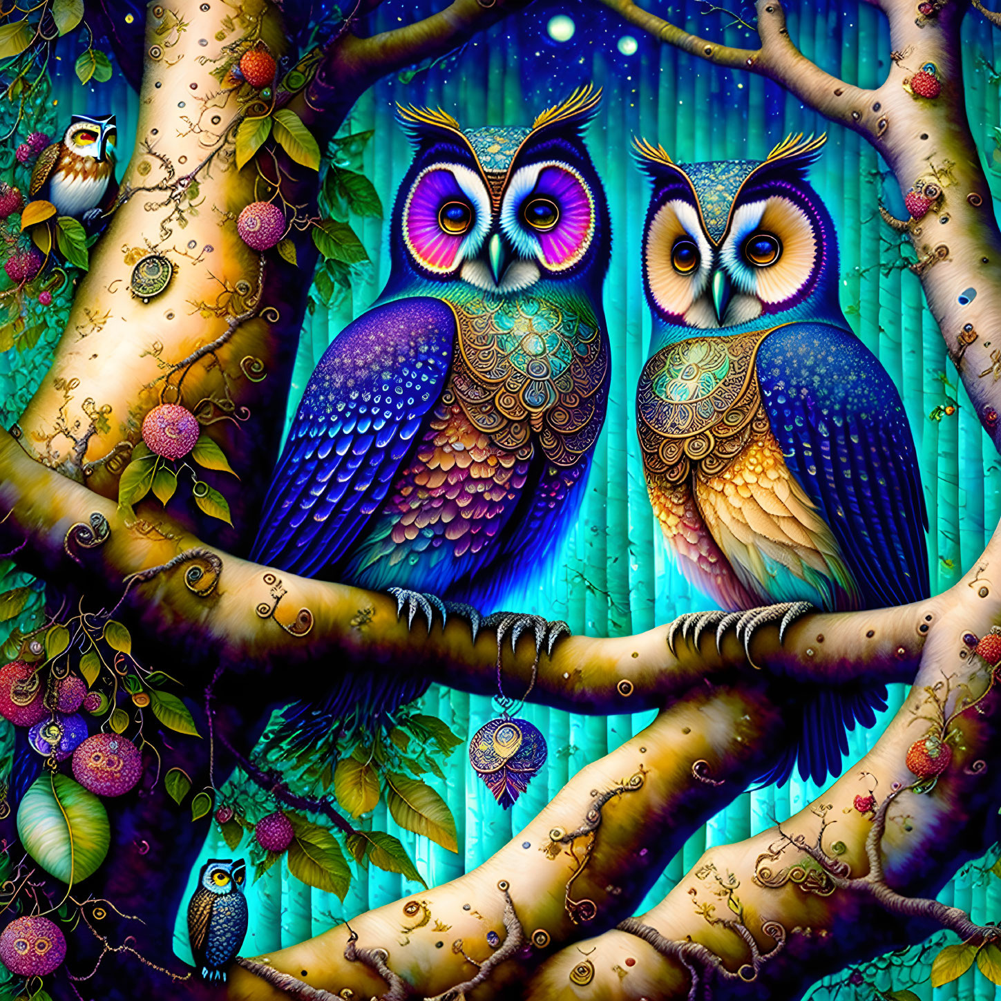 Colorful stylized owls on tree branches in luminous forest illustration