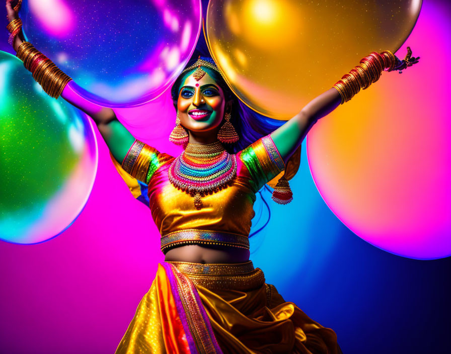 Colorful Indian Dance Attire Woman with Iridescent Bubbles