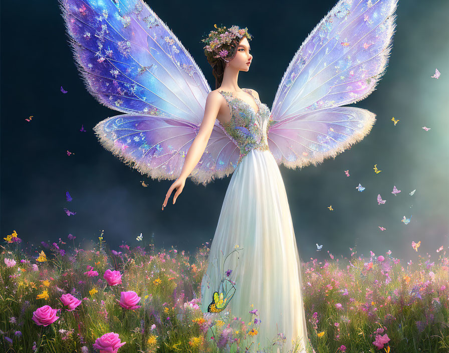 Fantastical image: Woman with iridescent wings in flower-filled meadow