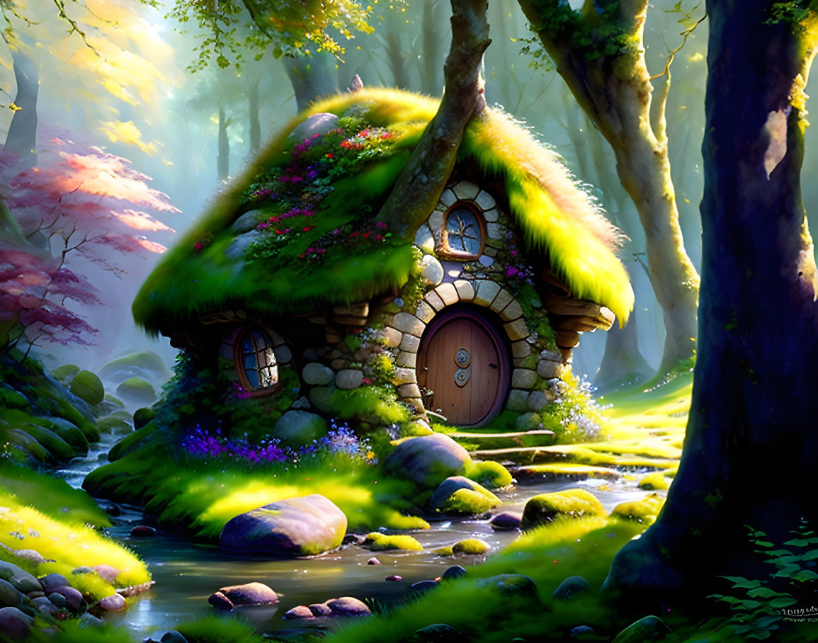 Whimsical stone house in enchanted forest with greenery, flowers, trees, stream & sunlight