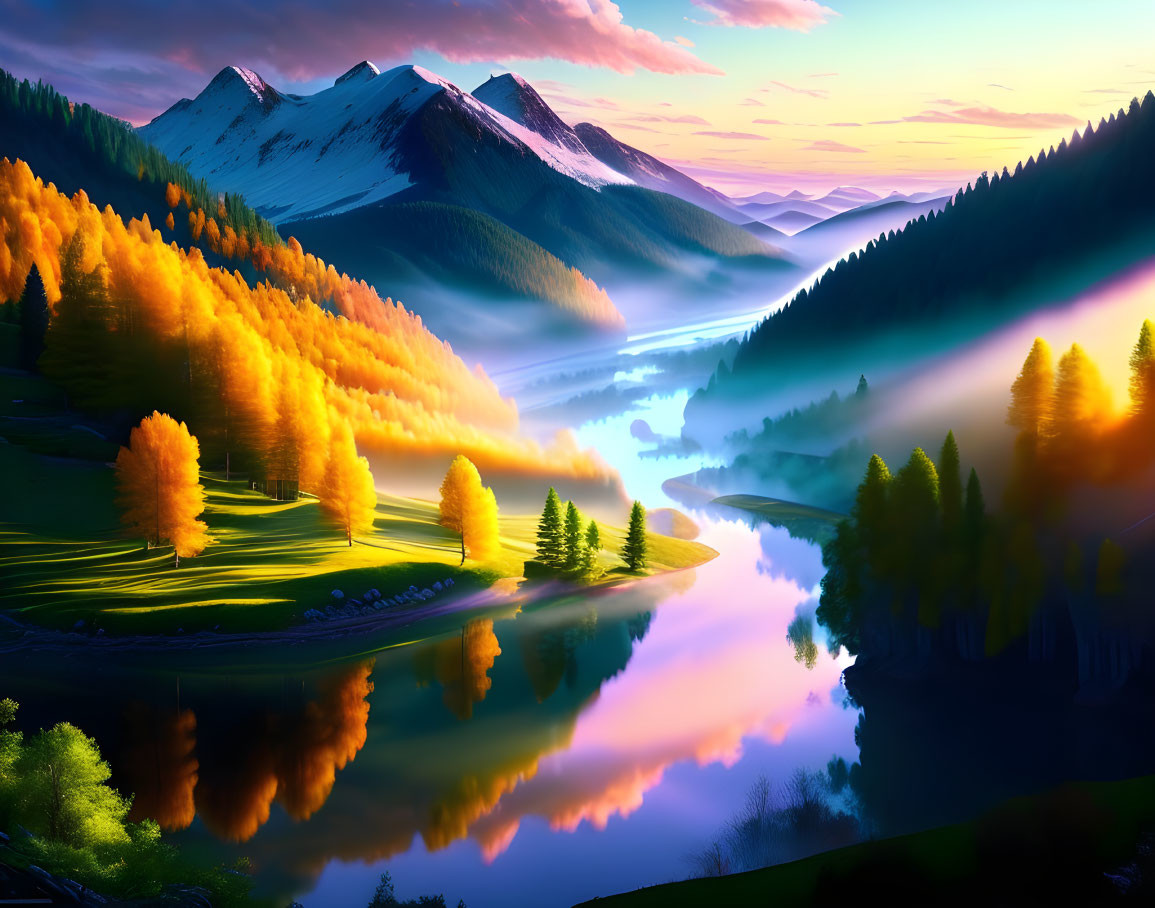 Tranquil sunrise landscape: golden forests, reflective river, mist, snow-capped mountains, vibrant