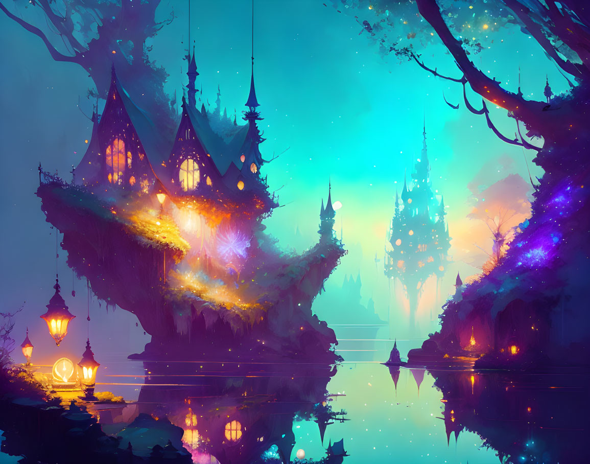 Fantasy landscape: floating islands, luminescent trees, ethereal castles, hanging lanterns