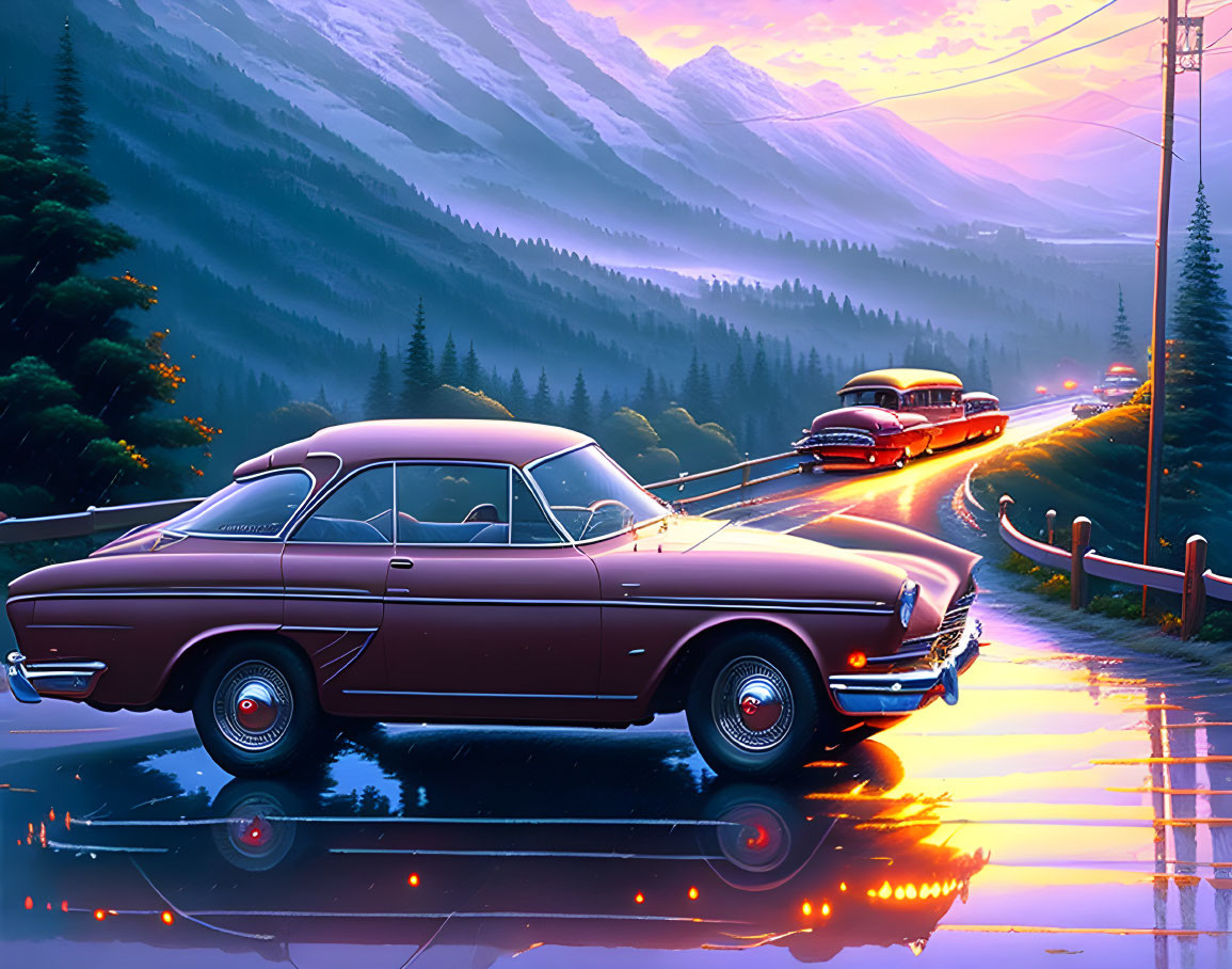 Vintage cars parked on wet roadside; classic car on mountain road at dusk.