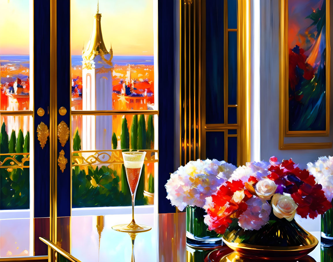 Luxurious Room Sunset Cityscape Painting with Champagne and Flowers