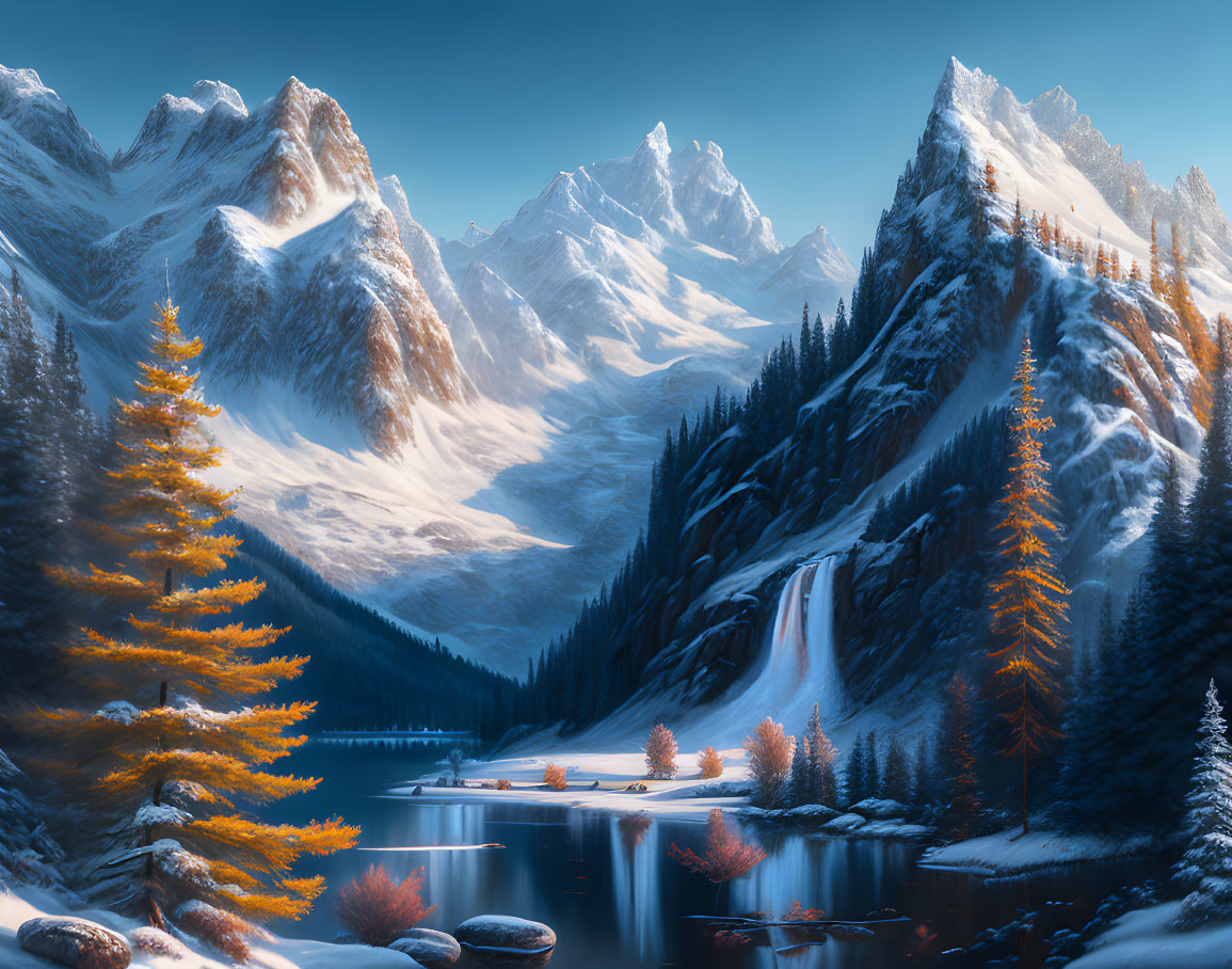 Snow-capped mountain landscape with waterfall, autumn trees, and serene lake