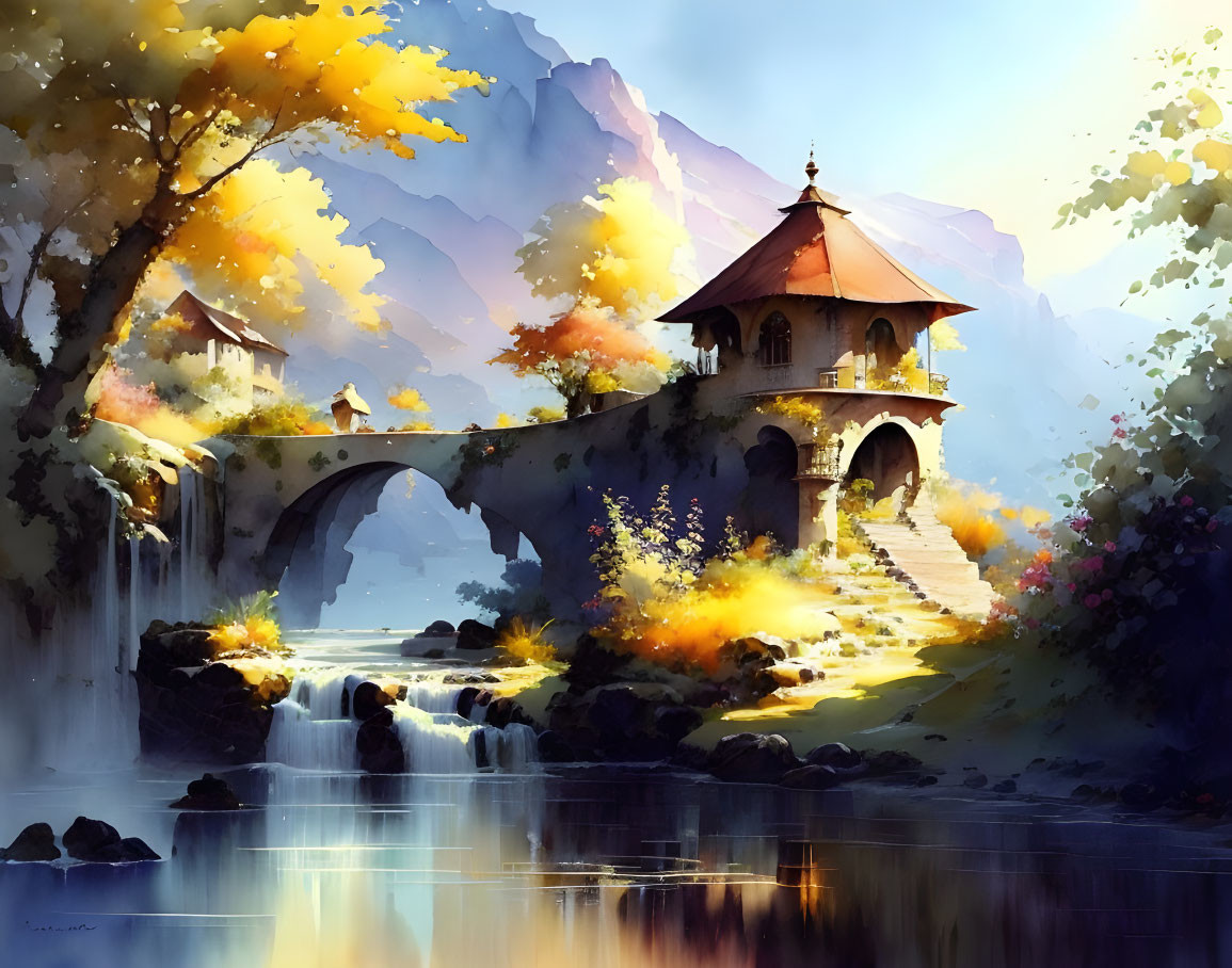 Tranquil digital painting of stone bridge and gazebo over river