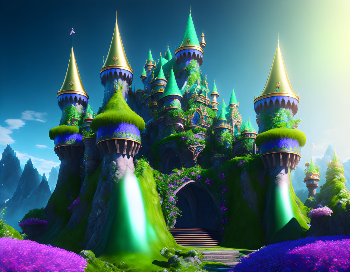 Fantasy castle with spires and turrets in lush greenery