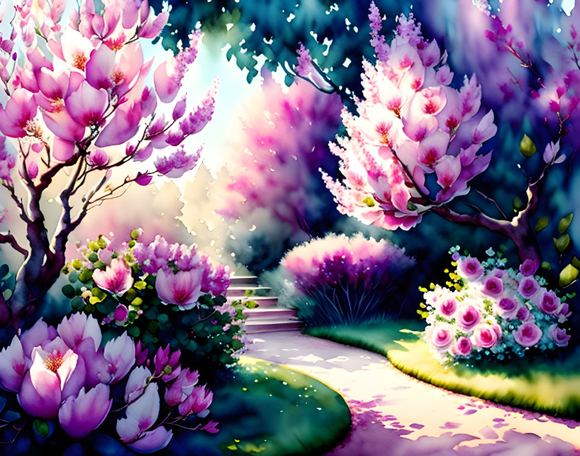 Blooming pink magnolias on vibrant garden path