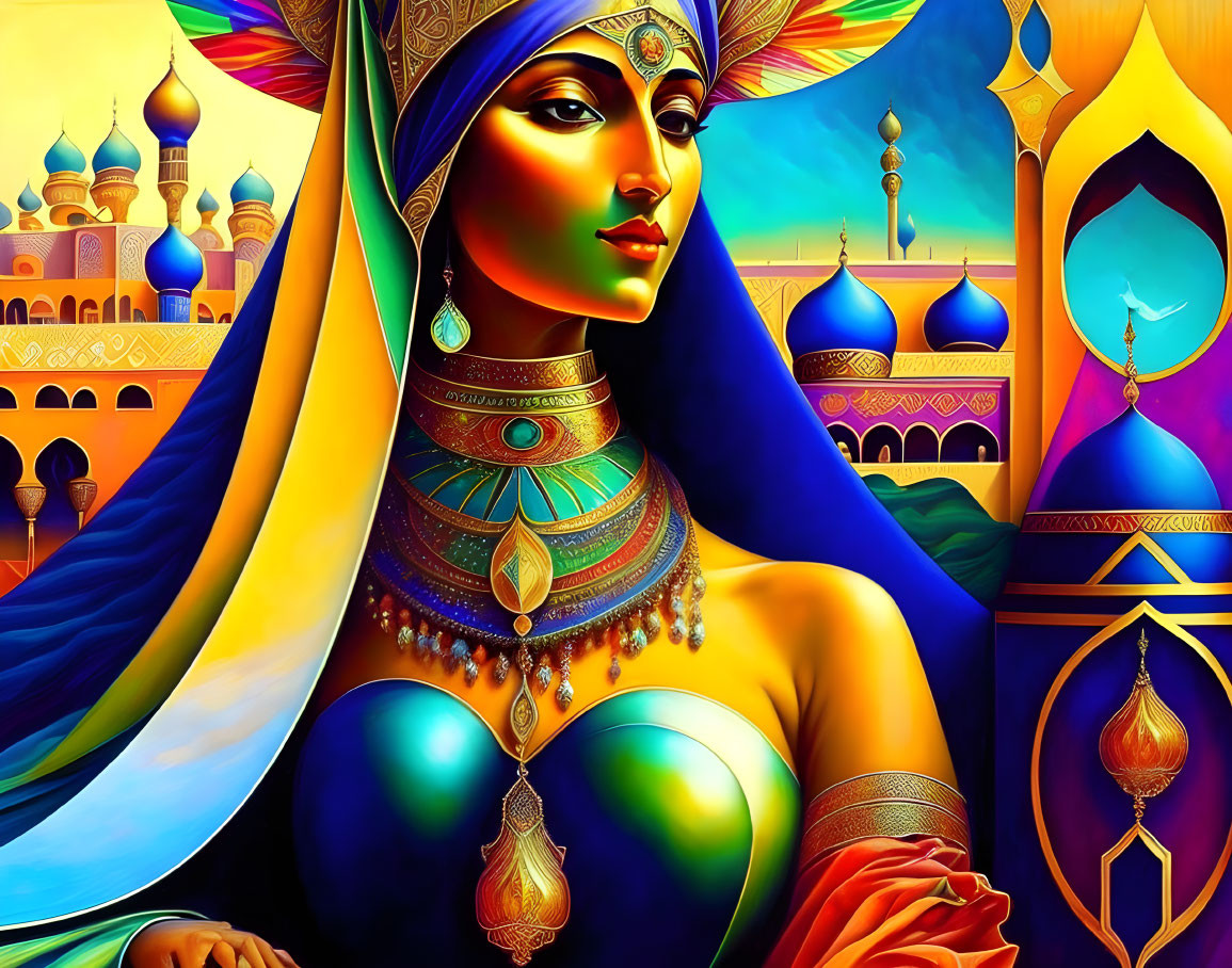 Colorful digital artwork of woman in Middle Eastern attire against ornate background