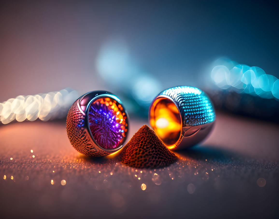 Colorful Jeweled Earbuds on Reflective Surface with Glowing Lights