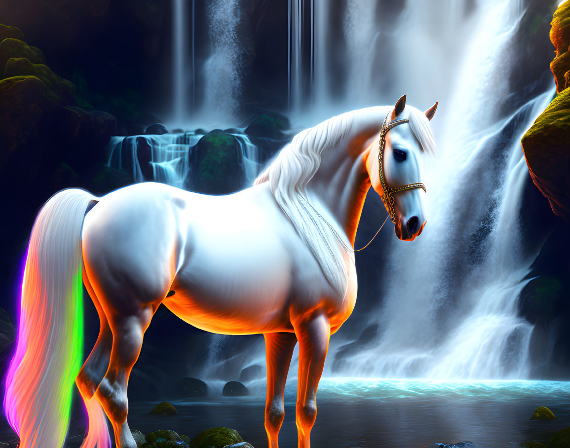 White Horse in Front of Waterfall with Blue and Rainbow Light