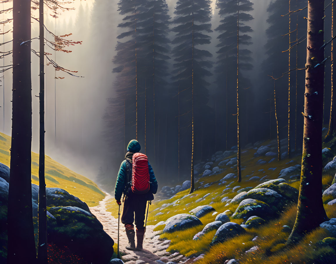 Hiker with red backpack in forest path under sunlight and fog.