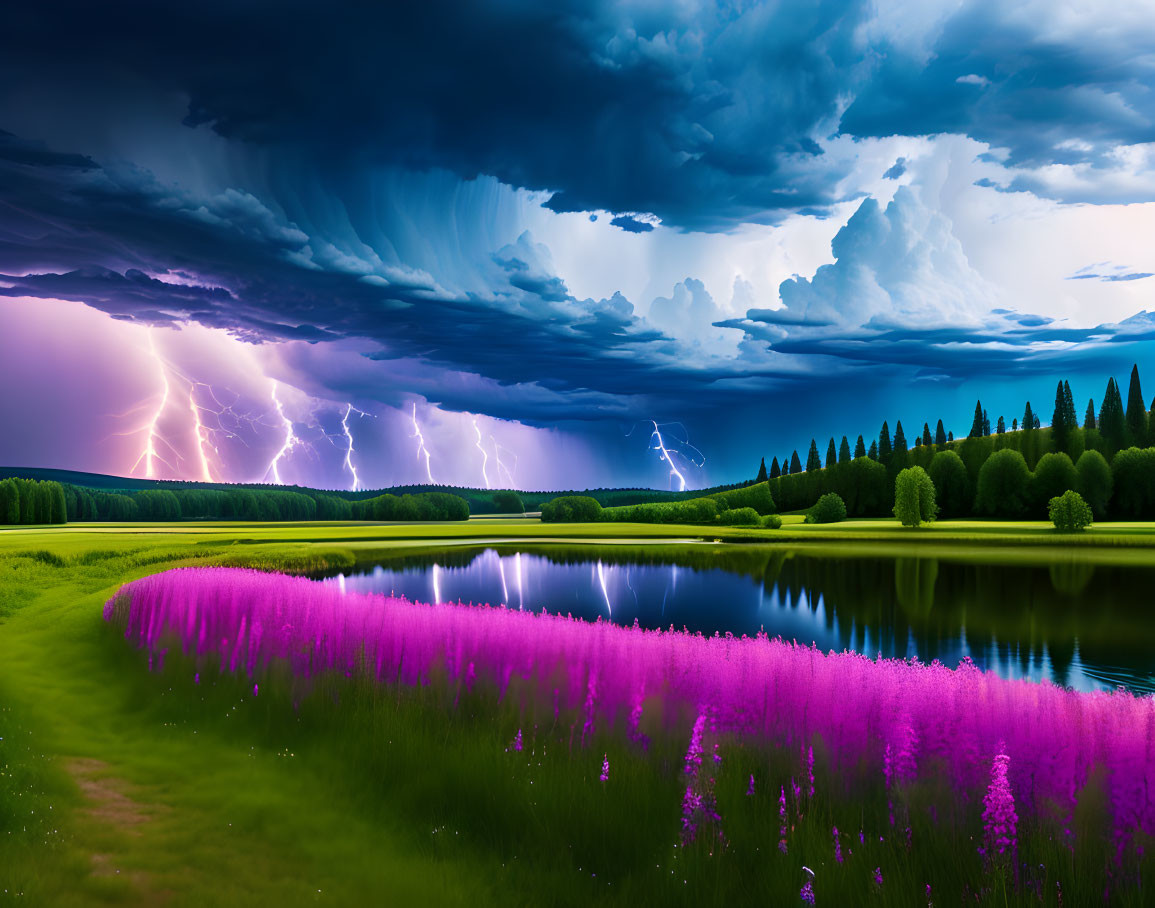 Stormy Sky Over Serene Lake with Pink Wildflowers