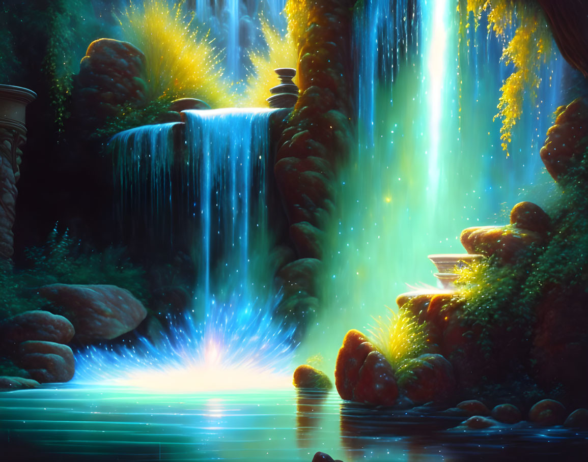 Vibrant waterfall in lush greenery with glowing lights and serene pool