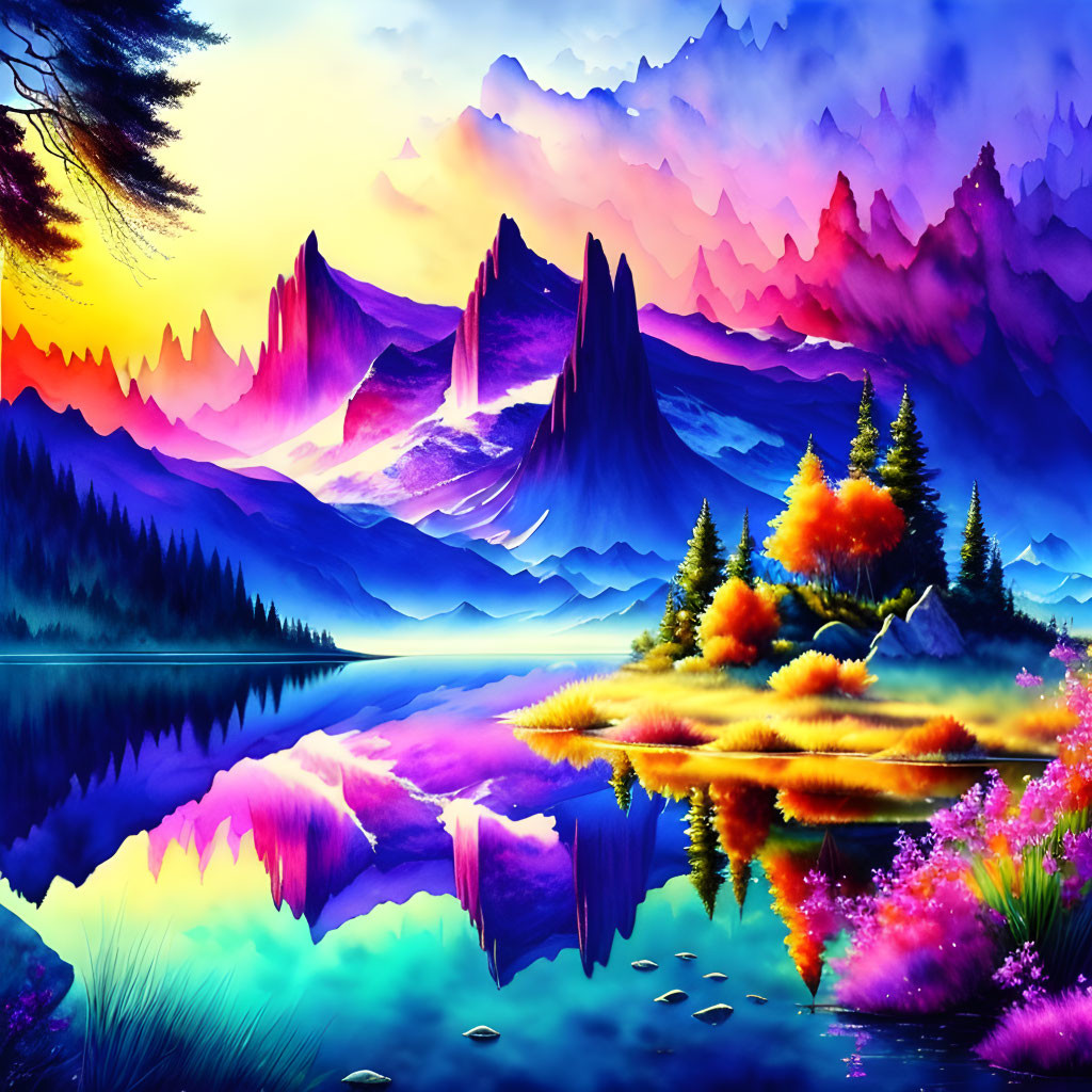 Vibrant digital artwork: Mountain landscape, mirror lake, colorful flora, purple and blue sky at