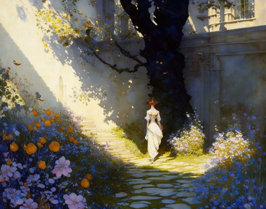 Woman in White Dress Walking Through Colorful Garden Path with Tree Shadows