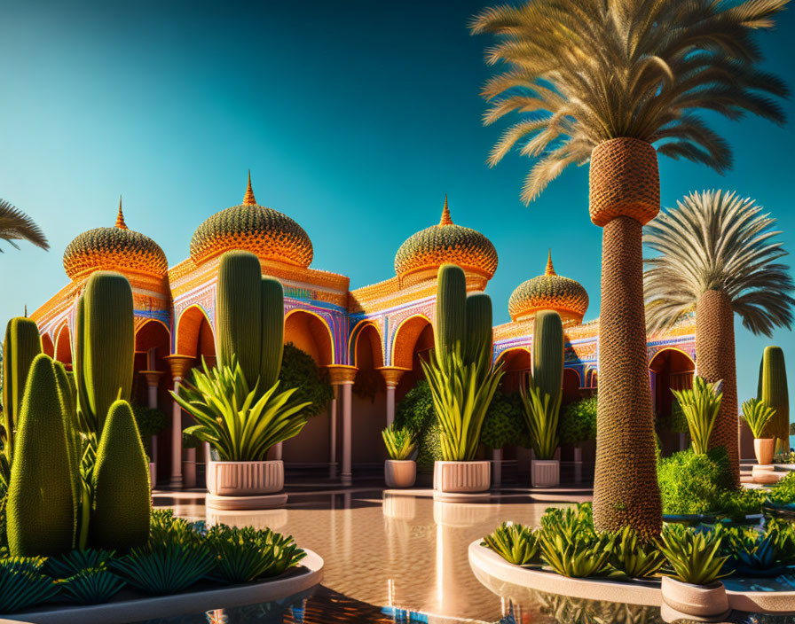 Fantasy palace with orange domes and lush greenery