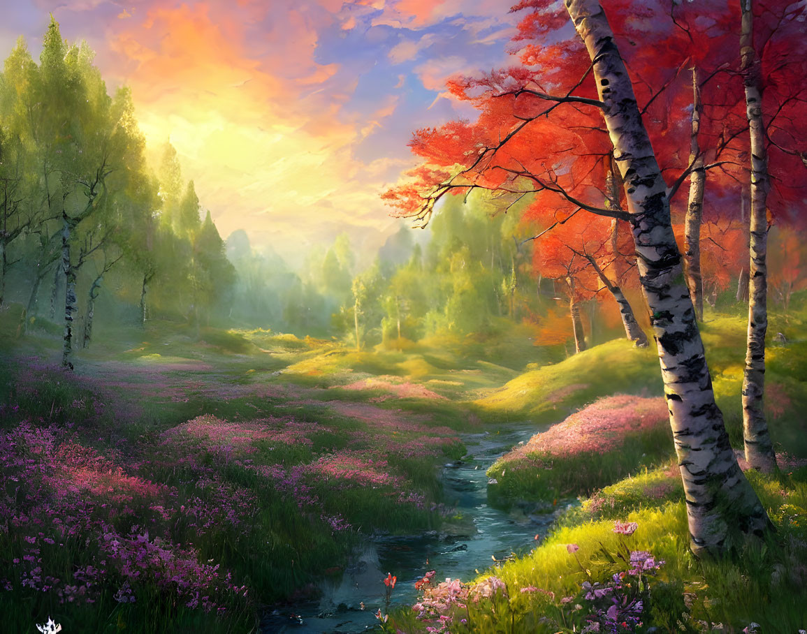 Tranquil stream landscape with birch trees, red foliage, pink flowers, sunset sky